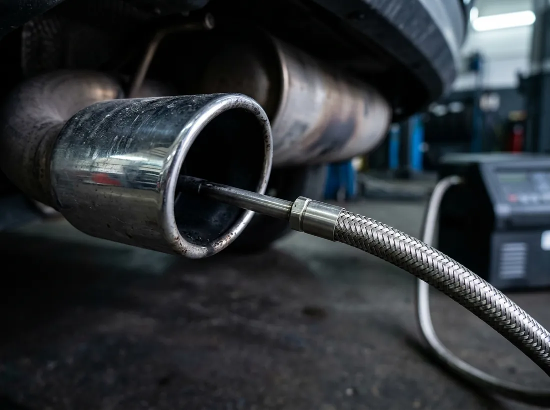 Een meetsonde in de uitlaat van een auto tijdens de emissiemeting